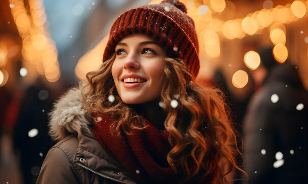 Young woman enjoying Christmas fest, winter season, snowy weather - Generative AI