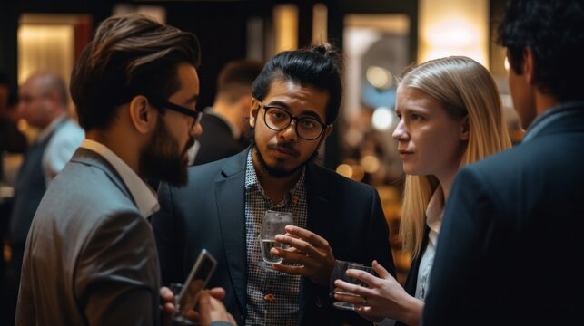 Diverse people mingling at an event talking business connection. AI Generative