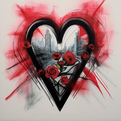 Abstract heart with roses on the background of the city. Digital painting. Hart of the city