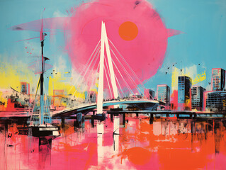 Modern cityscape of Rotterdam, Netherlands. Abstract colorful painting. - 655957894