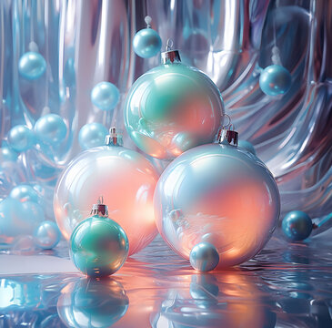 Christmas  background with New Year decorations, light pastel balls.