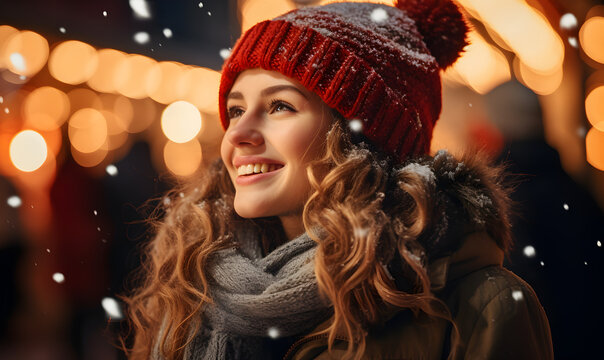Young woman enjoying Christmas fest, winter season, snowy weather - Generative AI