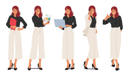 Business Woman Standing In Different Poses. Female Character In Smart Wear Holding Clipboard And Laptop, Showing Charts