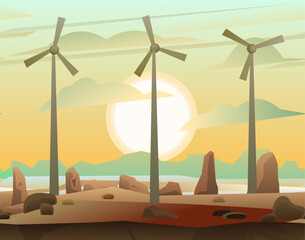 Wind generator. Clean renewable energy. Landscape with windmills. Sunrise over desert and rocks landscape. Cartoon fun style. Flat design. Vector.