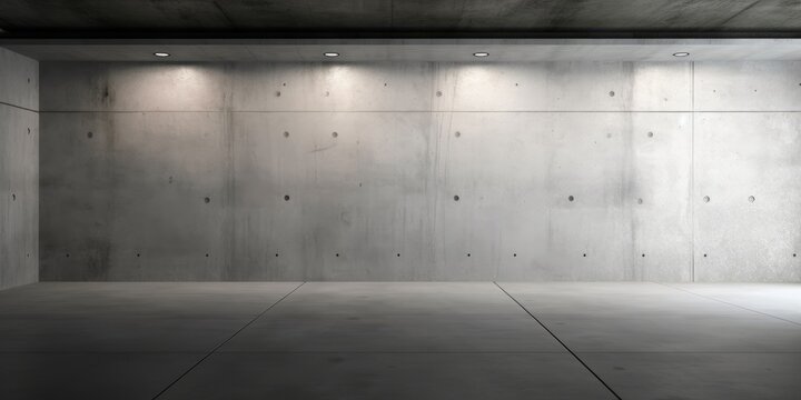 Abstract empty, modern concrete room with indirect lighting from right with recessed second room and rough floor - industrial interior background, Generative AI