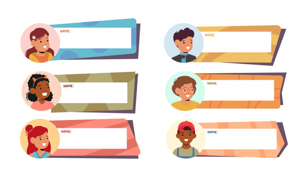 Colorful, Personalized Name Plates For Kids. Vibrant Designs, Fun Fonts, And Space For Names Cartoon Vector Illustration