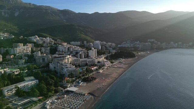 Drone view of the seaside resort of Becici. Rafailovici. Budva. Montenegro.