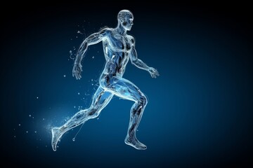 Human body shape of a running man filled with blue water on blue gradient background - sport or fitness hydration, healthy lifestyle or wellness, Generative AI