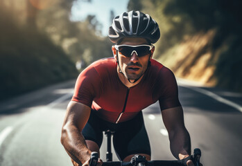 Professional male cyclist with protective helmet and glasses rides a bicycle - obrazy, fototapety, plakaty