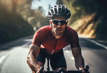 Poster Professional male cyclist with protective helmet and glasses rides a bicycle © familymedia