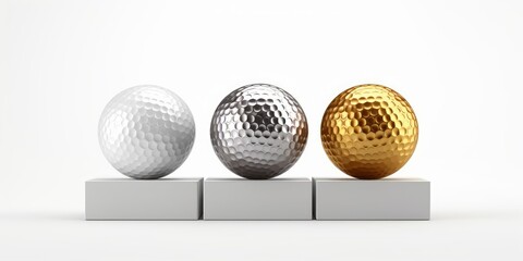 Gold, silver and bronze golf balls on podium over white background, golf sport championship or competition template, Generative AI