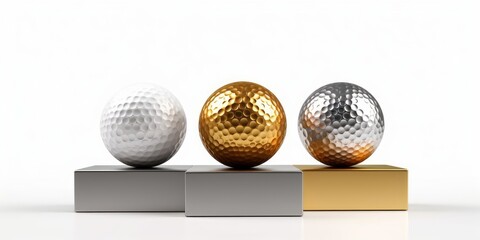 Gold, silver and bronze golf balls on podium over white background, golf sport championship or competition template, Generative AI