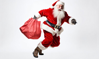 Santa Claus with huge bag, on the run, to delivery christmas gifts isolated on white background