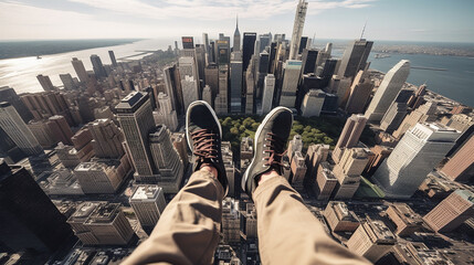 Young man swinging his feet out of a helicopter above Manhattan cityscape  - obrazy, fototapety, plakaty