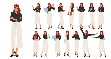 Businesswoman Character Poses Set Featuring Confident Stances, Woman Professional Gestures, And Dynamic Postures