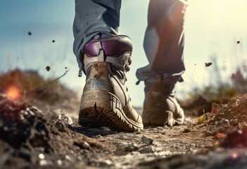 Close-up of walking with hiking boots on a rocky path
