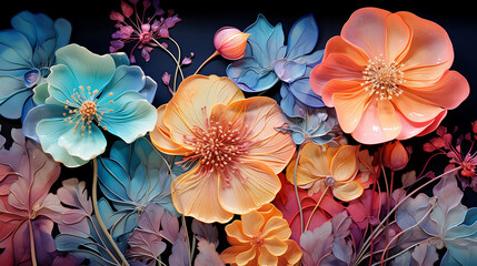Fototapeta na wymiar Abstract incredible fantasy flowers, bright rainbow colors