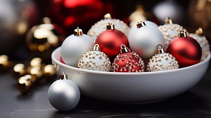 Close up Christmas balls in white boowl on dark background. AI generated