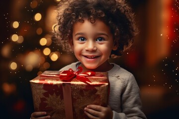 Fototapeta na wymiar Happy little cute child boy with Christmas gift, AI generated