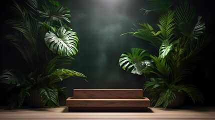 Fototapeta na wymiar Premium Wooden Stand Display with Tropical Elegance