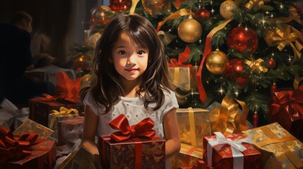 Fototapeta na wymiar Little cute child girl with Christmas gift under the Chrstmas tree, AI generated