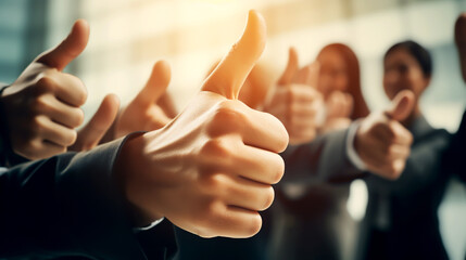 THE COMPANY'S STAFF ACHIEVED VICTORY IN THEIR WORK. WELCOME GESTURE THUMBS UP. AI generated