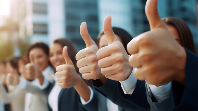 THE COMPANY'S STAFF ACHIEVED VICTORY IN THEIR WORK. WELCOME GESTURE THUMBS UP. AI generated