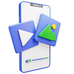 3D render of multimedia on smartphone, video, image, music