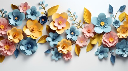 3d render abstract pink, yellow and blue paper flowers