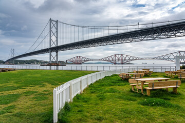 View from the shore of the hanging port that crosses the Firth of Forth in Edinburgh, Scotland.