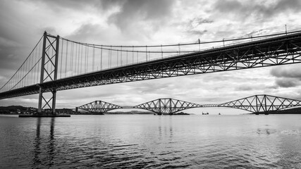 View of the three bridges connecting the city of Edinburgh on the Firth of Forth, UK.