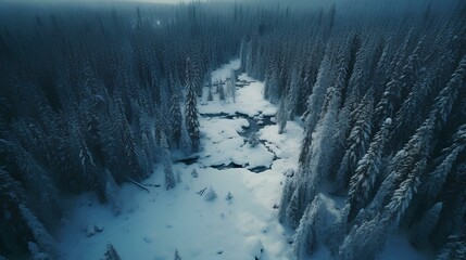 High-altitude shot of a dense, snow-covered pine forest with a deep blue winter hue. landscape of the forested area of taiga in the great arctic region. generative AI