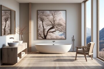 cozy bathroom with light natural materials with modern art on the walls