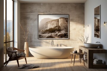 cozy bathroom with light natural materials with modern art on the walls