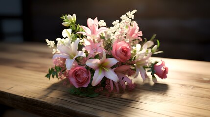 Bunch of flowers on a wooden table