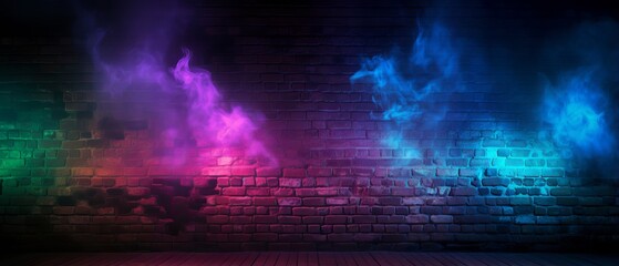 Neon Light and Multicolored Smoke on Brick Wall Background - Dark and Mysterious Concept