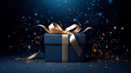 Dark blue gift box with elegant gold ribbon on dark background. Greeting gift with copy space for Christmas present, holiday or birthday - 655965480