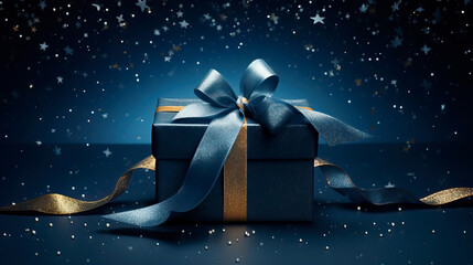 Dark blue gift box with elegant gold ribbon on dark background. Greeting gift with copy space for Christmas present, holiday or birthday - 655965482