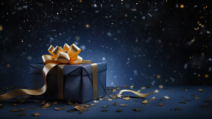 Dark blue gift box with elegant gold ribbon on dark background. Greeting gift with copy space for Christmas present, holiday or birthday - 655965484