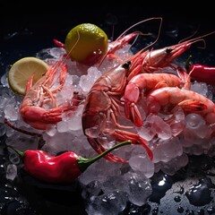 Shrimp with ice on the table
