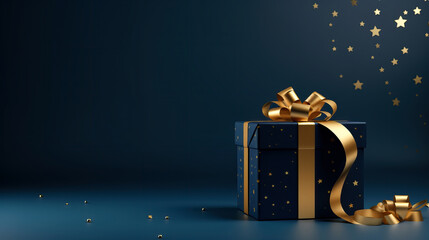 Dark blue gift box with elegant gold ribbon on dark background. Greeting gift with copy space for Christmas present, holiday or birthday - 655965495