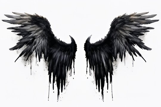 A pair of wings, like from a bird or angel, in a messy grunge artistic illustration style. Generative AI.
