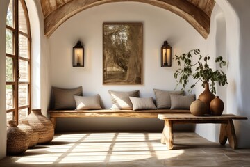 Fototapeta premium cozy boho entrance hall with light natural materials with modern art on the walls