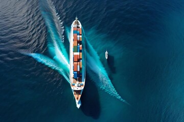Fototapeta premium webinar banner, Aerial top view of cargo maritime ship with contrail in the ocean ship carrying container