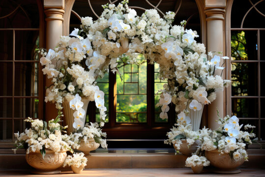 Wedding arch for on-site marriage registration made of beautiful white flowers