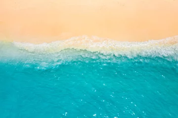 Poster Top drone view fantastic popular travel landscape. Summer seascape blue water yellow sand. Aerial amazing tropical nature background. Beautiful  mediterranean bright sea waves crash beach sunlight © icemanphotos