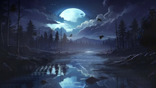 Beautiful peace nature moon night Sky Background video with falling stars sky. Cartoon or anime illustration style