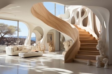 cozy entrance hall with staircase and light natural materials with modern art on the walls