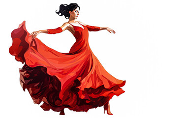 Generative AI illustration of Flamenco dancer on plain colorful background with copy space. Typical Spanish Dance - obrazy, fototapety, plakaty