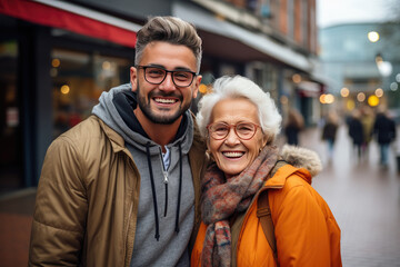 A couple of different ages, an older woman, a younger man. - obrazy, fototapety, plakaty